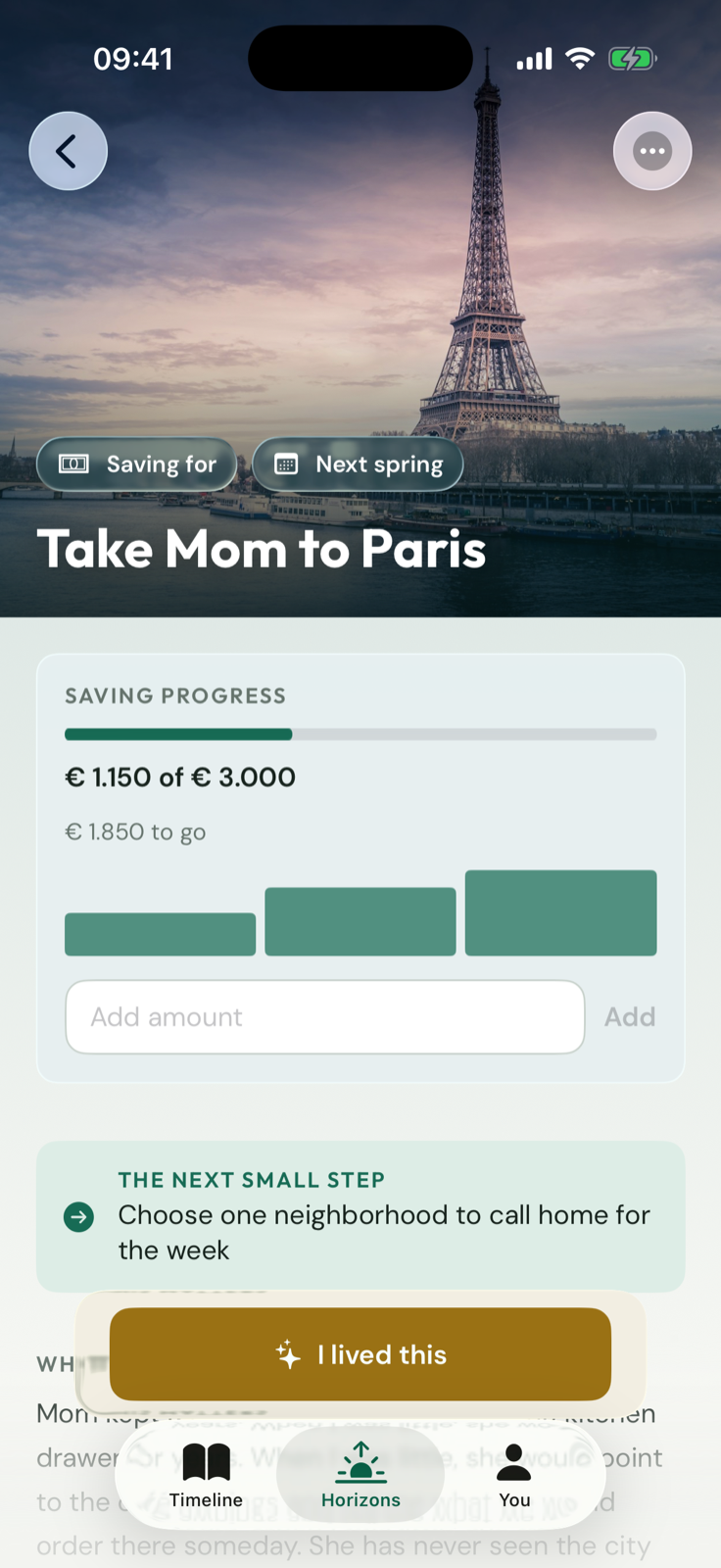 Once & Someday Horizon Journey for taking Mom to Paris, including saving progress and the I lived this action