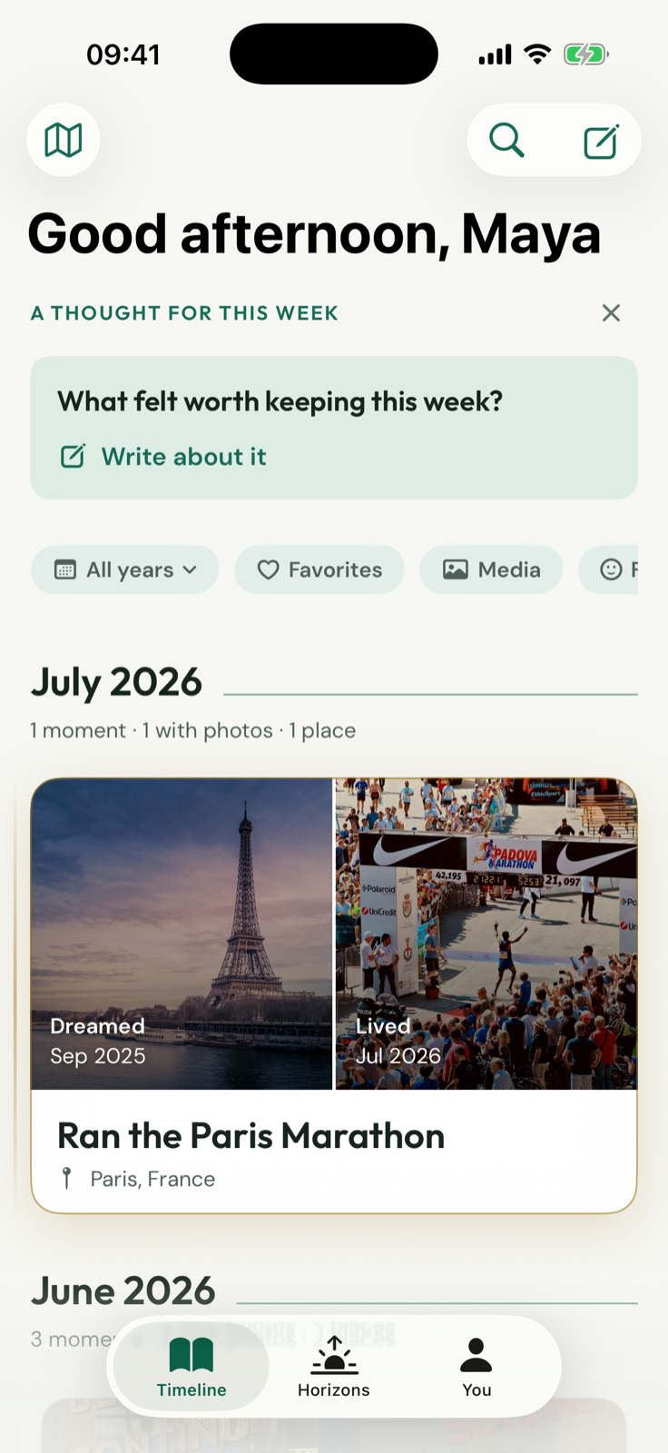 Once & Someday Timeline showing a weekly reflection and a fulfilled marathon Horizon as a Moment