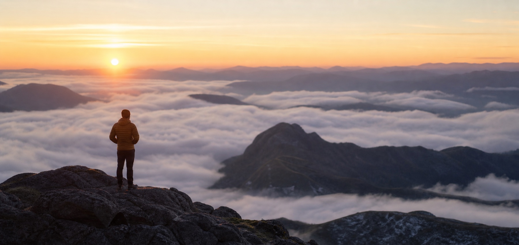 A traveler watching sunrise above a sea of clouds