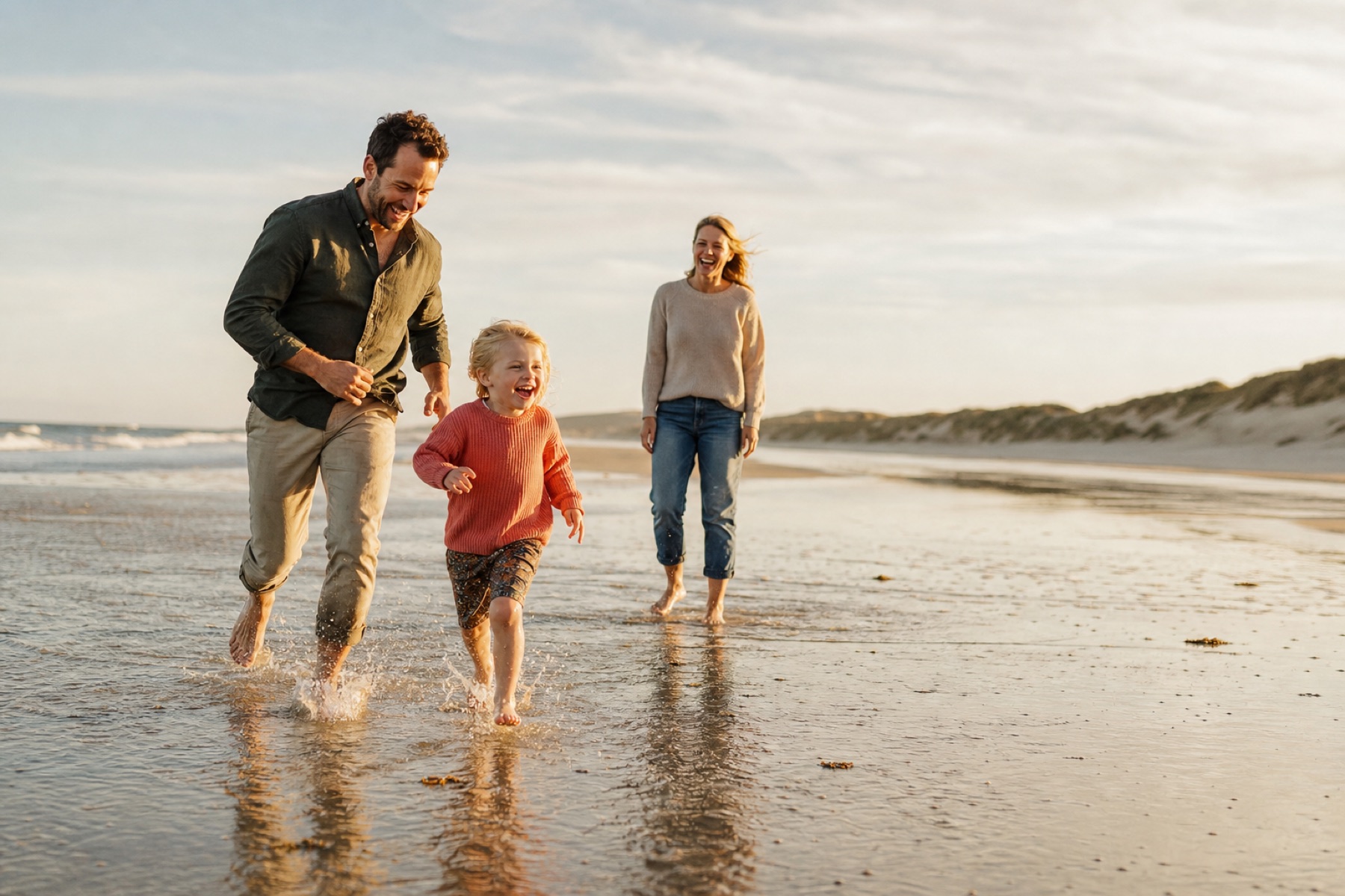 A family running through shallow water on a beach